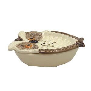 Soap Dish Small Cream Brown Owl Figural Ceramic 2-Piece Japan Vintage 1960s